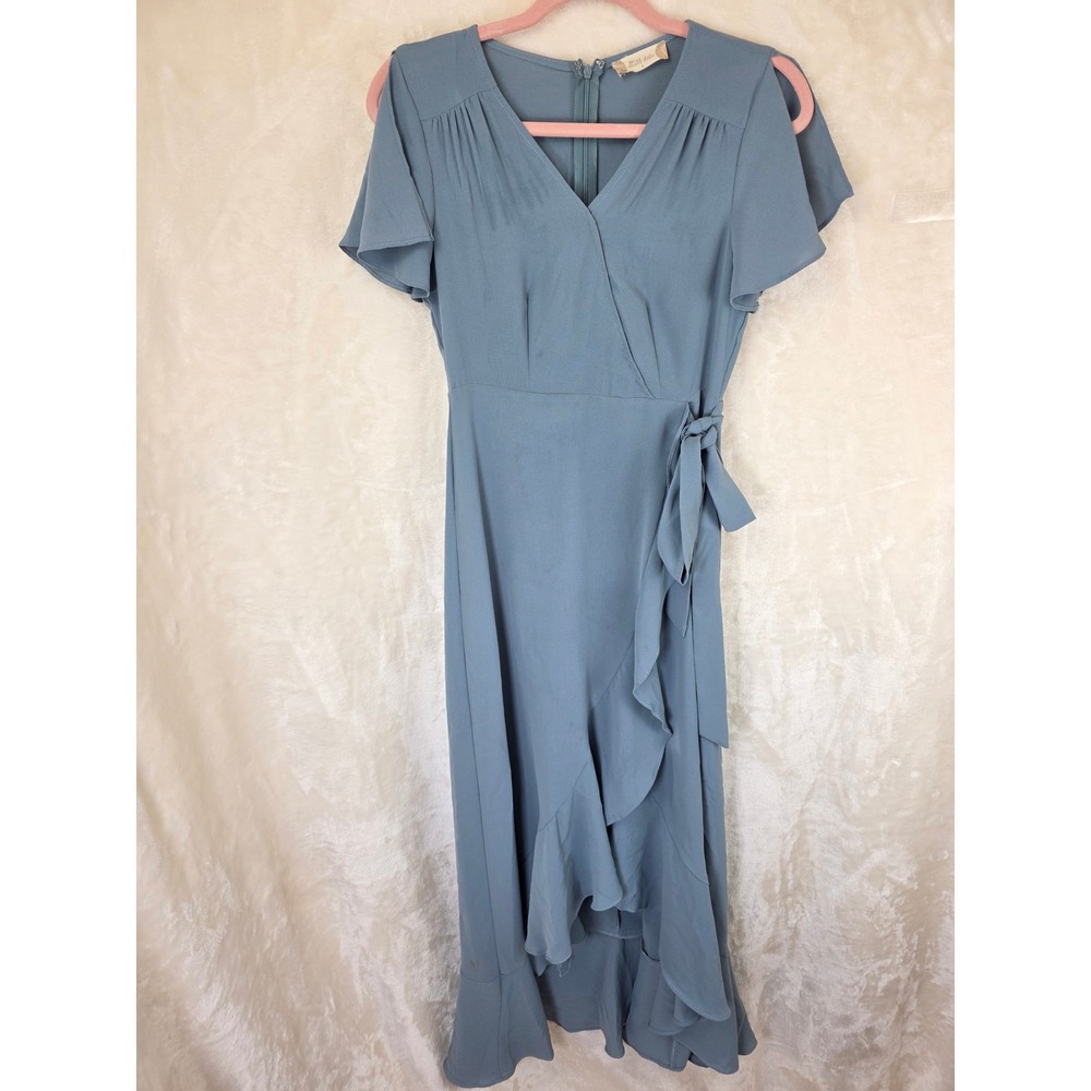 Altar'd State Womens Blue Flutter Sleeve Ruffle High Low Wrap Midi Dress‎ Small